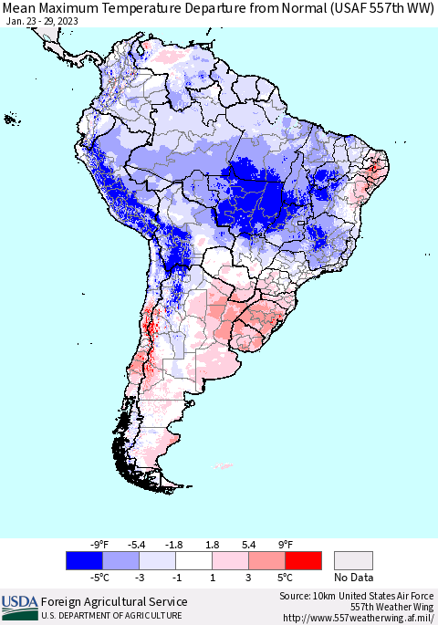 South America Mean Maximum Temperature Departure from Normal (USAF 557th WW) Thematic Map For 1/23/2023 - 1/29/2023