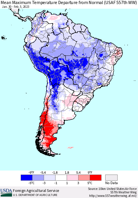 South America Mean Maximum Temperature Departure from Normal (USAF 557th WW) Thematic Map For 1/30/2023 - 2/5/2023