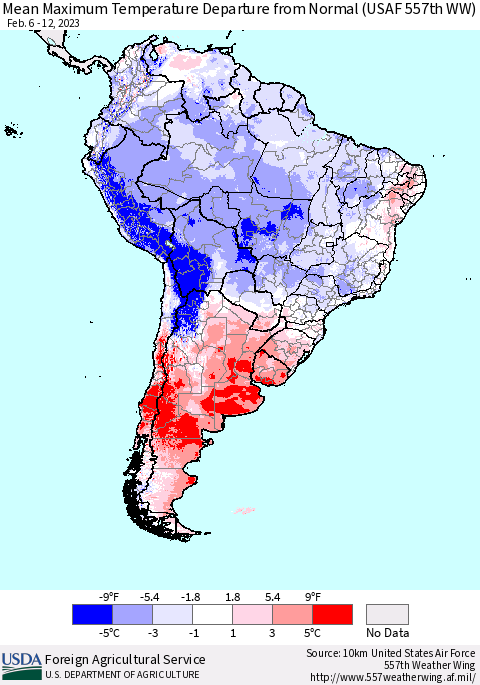 South America Mean Maximum Temperature Departure from Normal (USAF 557th WW) Thematic Map For 2/6/2023 - 2/12/2023