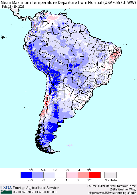South America Mean Maximum Temperature Departure from Normal (USAF 557th WW) Thematic Map For 2/13/2023 - 2/19/2023