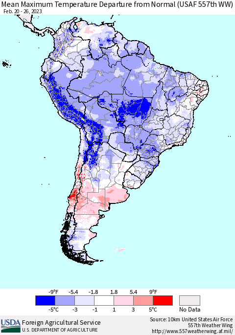 South America Mean Maximum Temperature Departure from Normal (USAF 557th WW) Thematic Map For 2/20/2023 - 2/26/2023