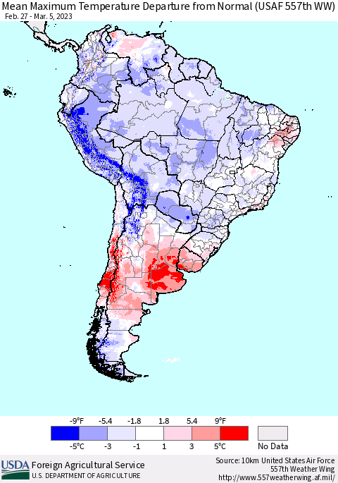 South America Mean Maximum Temperature Departure from Normal (USAF 557th WW) Thematic Map For 2/27/2023 - 3/5/2023