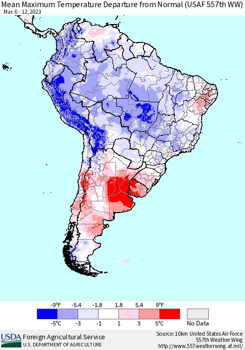 South America Mean Maximum Temperature Departure from Normal (USAF 557th WW) Thematic Map For 3/6/2023 - 3/12/2023