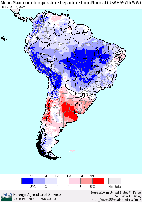 South America Mean Maximum Temperature Departure from Normal (USAF 557th WW) Thematic Map For 3/13/2023 - 3/19/2023