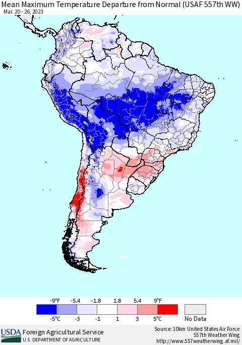 South America Mean Maximum Temperature Departure from Normal (USAF 557th WW) Thematic Map For 3/20/2023 - 3/26/2023