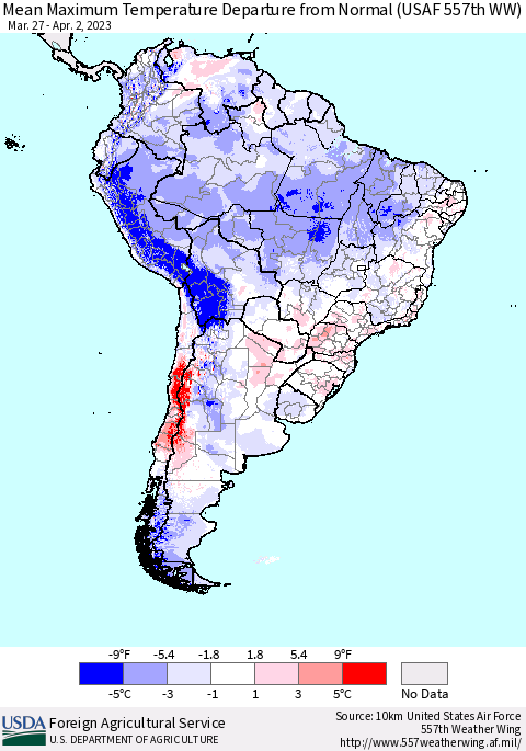 South America Mean Maximum Temperature Departure from Normal (USAF 557th WW) Thematic Map For 3/27/2023 - 4/2/2023