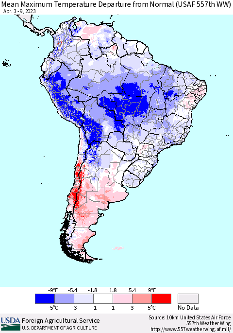 South America Mean Maximum Temperature Departure from Normal (USAF 557th WW) Thematic Map For 4/3/2023 - 4/9/2023