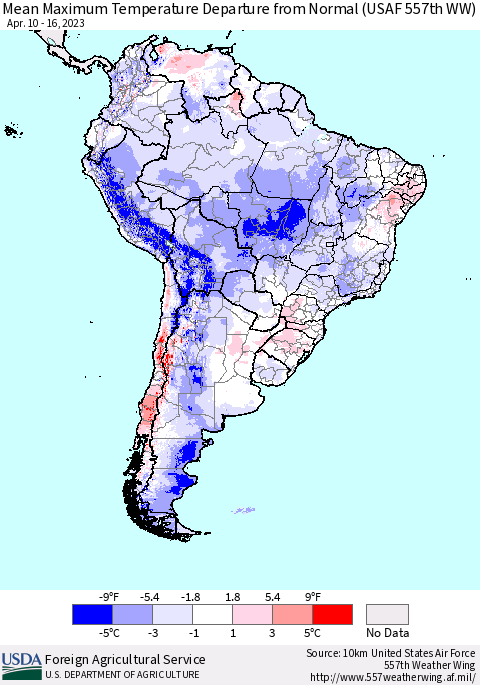 South America Mean Maximum Temperature Departure from Normal (USAF 557th WW) Thematic Map For 4/10/2023 - 4/16/2023