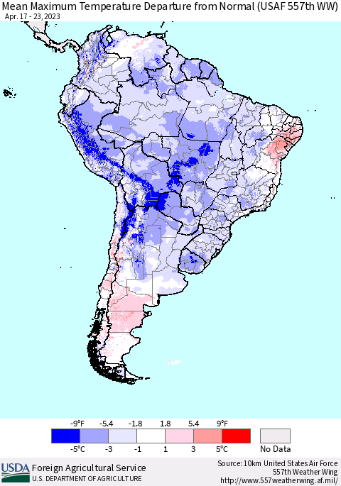 South America Mean Maximum Temperature Departure from Normal (USAF 557th WW) Thematic Map For 4/17/2023 - 4/23/2023