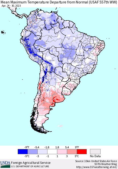 South America Mean Maximum Temperature Departure from Normal (USAF 557th WW) Thematic Map For 4/24/2023 - 4/30/2023