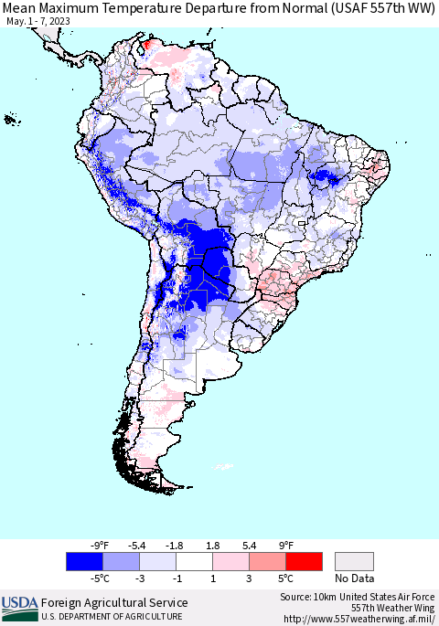 South America Mean Maximum Temperature Departure from Normal (USAF 557th WW) Thematic Map For 5/1/2023 - 5/7/2023
