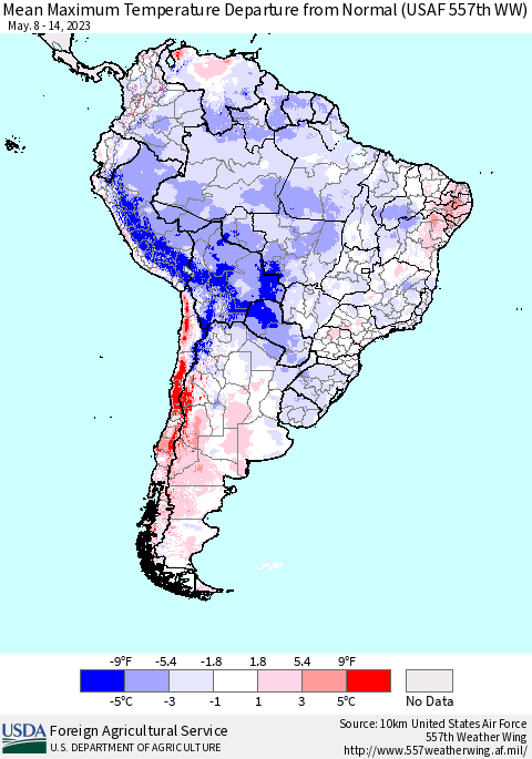 South America Mean Maximum Temperature Departure from Normal (USAF 557th WW) Thematic Map For 5/8/2023 - 5/14/2023