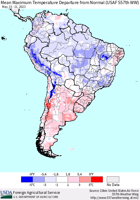 South America Mean Maximum Temperature Departure from Normal (USAF 557th WW) Thematic Map For 5/15/2023 - 5/21/2023