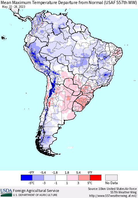 South America Mean Maximum Temperature Departure from Normal (USAF 557th WW) Thematic Map For 5/22/2023 - 5/28/2023