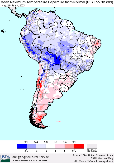 South America Mean Maximum Temperature Departure from Normal (USAF 557th WW) Thematic Map For 5/29/2023 - 6/4/2023