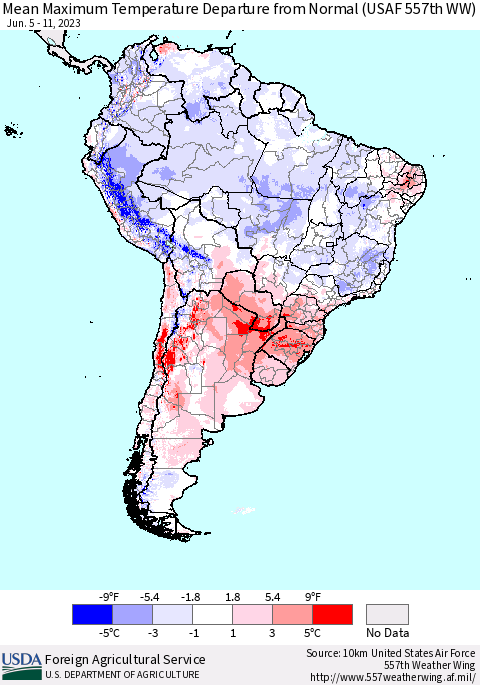 South America Mean Maximum Temperature Departure from Normal (USAF 557th WW) Thematic Map For 6/5/2023 - 6/11/2023
