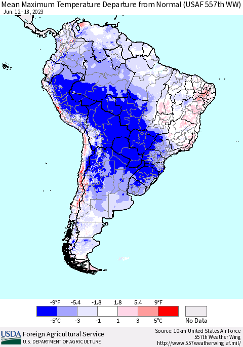 South America Mean Maximum Temperature Departure from Normal (USAF 557th WW) Thematic Map For 6/12/2023 - 6/18/2023