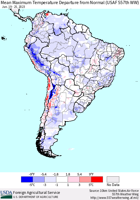 South America Mean Maximum Temperature Departure from Normal (USAF 557th WW) Thematic Map For 6/19/2023 - 6/25/2023