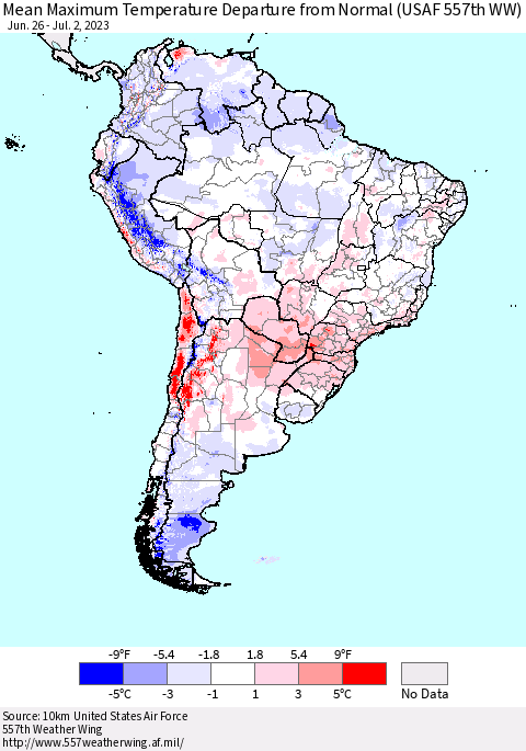South America Mean Maximum Temperature Departure from Normal (USAF 557th WW) Thematic Map For 6/26/2023 - 7/2/2023