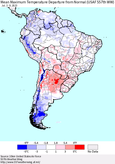 South America Mean Maximum Temperature Departure from Normal (USAF 557th WW) Thematic Map For 7/3/2023 - 7/9/2023