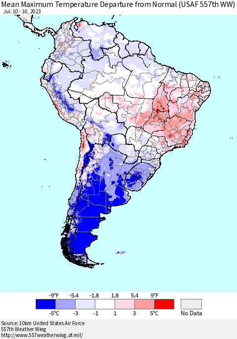 South America Mean Maximum Temperature Departure from Normal (USAF 557th WW) Thematic Map For 7/10/2023 - 7/16/2023
