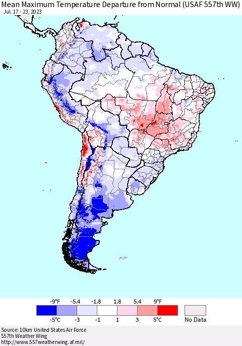 South America Mean Maximum Temperature Departure from Normal (USAF 557th WW) Thematic Map For 7/17/2023 - 7/23/2023