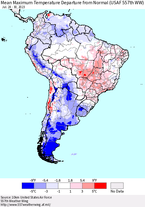 South America Mean Maximum Temperature Departure from Normal (USAF 557th WW) Thematic Map For 7/24/2023 - 7/30/2023