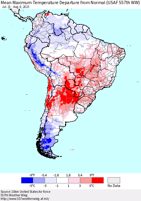 South America Mean Maximum Temperature Departure from Normal (USAF 557th WW) Thematic Map For 7/31/2023 - 8/6/2023