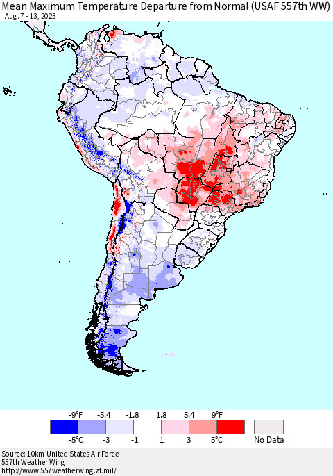 South America Mean Maximum Temperature Departure from Normal (USAF 557th WW) Thematic Map For 8/7/2023 - 8/13/2023