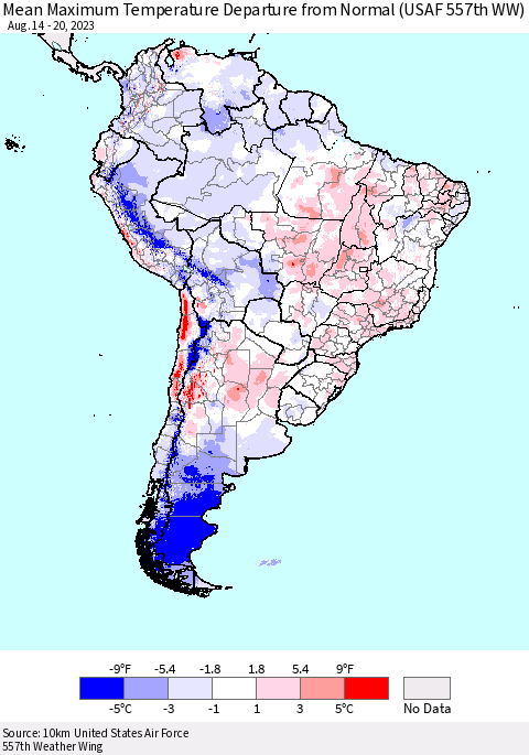 South America Mean Maximum Temperature Departure from Normal (USAF 557th WW) Thematic Map For 8/14/2023 - 8/20/2023