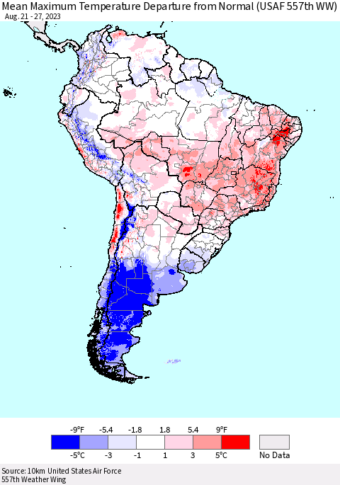 South America Mean Maximum Temperature Departure from Normal (USAF 557th WW) Thematic Map For 8/21/2023 - 8/27/2023