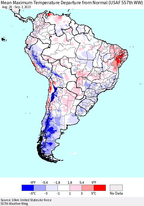 South America Mean Maximum Temperature Departure from Normal (USAF 557th WW) Thematic Map For 8/28/2023 - 9/3/2023