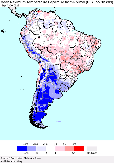 South America Mean Maximum Temperature Departure from Normal (USAF 557th WW) Thematic Map For 9/4/2023 - 9/10/2023