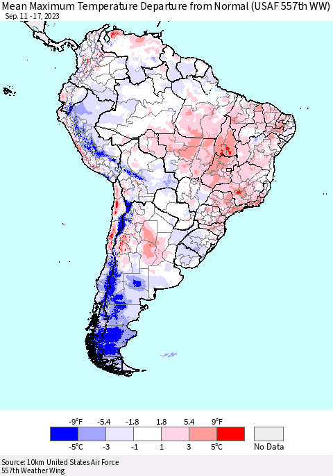 South America Mean Maximum Temperature Departure from Normal (USAF 557th WW) Thematic Map For 9/11/2023 - 9/17/2023