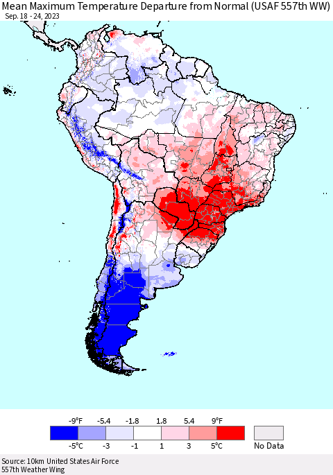 South America Mean Maximum Temperature Departure from Normal (USAF 557th WW) Thematic Map For 9/18/2023 - 9/24/2023