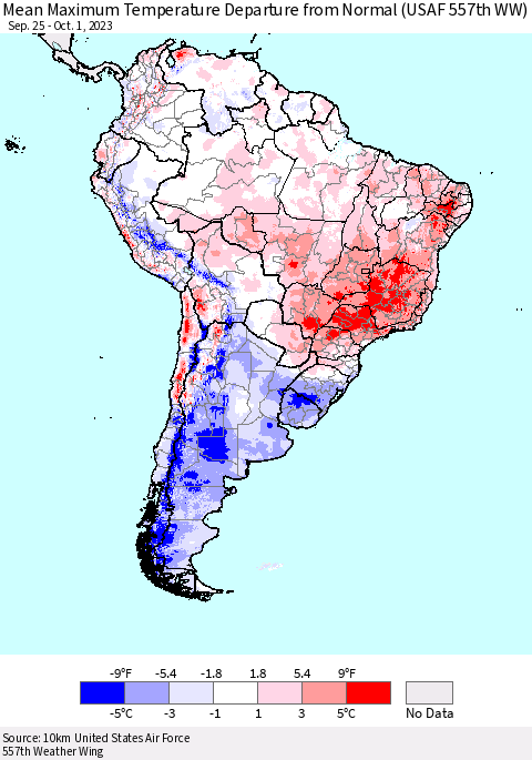 South America Mean Maximum Temperature Departure from Normal (USAF 557th WW) Thematic Map For 9/25/2023 - 10/1/2023