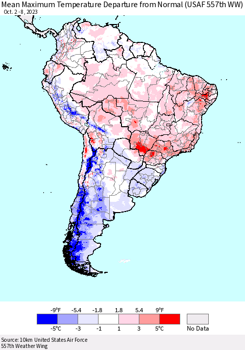 South America Mean Maximum Temperature Departure from Normal (USAF 557th WW) Thematic Map For 10/2/2023 - 10/8/2023