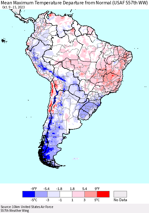 South America Mean Maximum Temperature Departure from Normal (USAF 557th WW) Thematic Map For 10/9/2023 - 10/15/2023