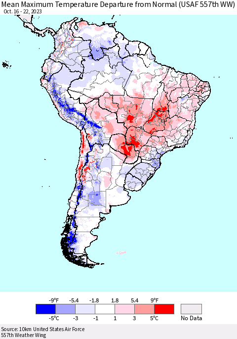 South America Mean Maximum Temperature Departure from Normal (USAF 557th WW) Thematic Map For 10/16/2023 - 10/22/2023