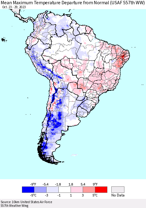 South America Mean Maximum Temperature Departure from Normal (USAF 557th WW) Thematic Map For 10/23/2023 - 10/29/2023