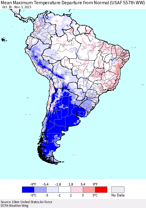South America Mean Maximum Temperature Departure from Normal (USAF 557th WW) Thematic Map For 10/30/2023 - 11/5/2023