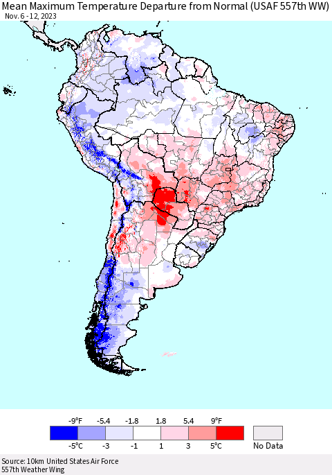 South America Mean Maximum Temperature Departure from Normal (USAF 557th WW) Thematic Map For 11/6/2023 - 11/12/2023