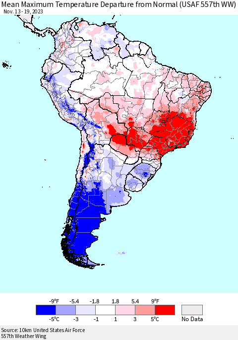 South America Mean Maximum Temperature Departure from Normal (USAF 557th WW) Thematic Map For 11/13/2023 - 11/19/2023