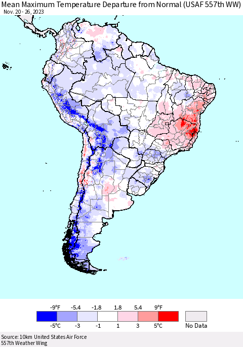 South America Mean Maximum Temperature Departure from Normal (USAF 557th WW) Thematic Map For 11/20/2023 - 11/26/2023