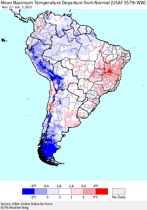 South America Mean Maximum Temperature Departure from Normal (USAF 557th WW) Thematic Map For 11/27/2023 - 12/3/2023