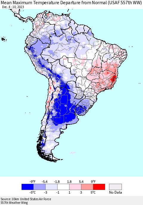 South America Mean Maximum Temperature Departure from Normal (USAF 557th WW) Thematic Map For 12/4/2023 - 12/10/2023