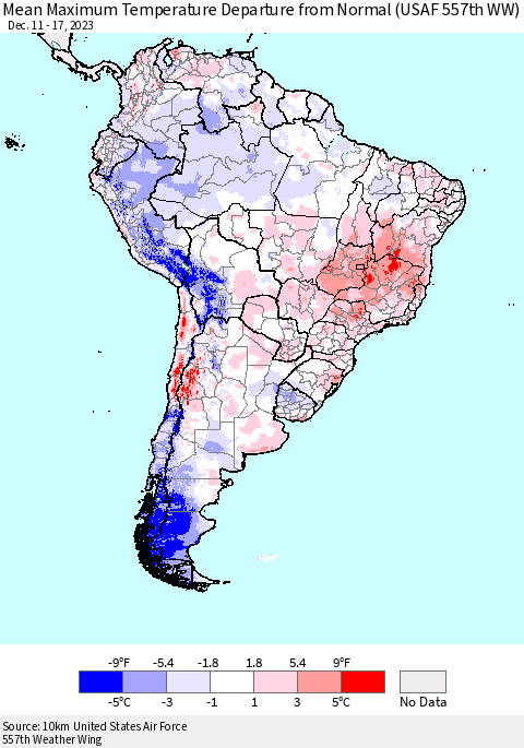 South America Mean Maximum Temperature Departure from Normal (USAF 557th WW) Thematic Map For 12/11/2023 - 12/17/2023