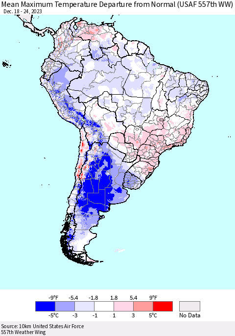 South America Mean Maximum Temperature Departure from Normal (USAF 557th WW) Thematic Map For 12/18/2023 - 12/24/2023