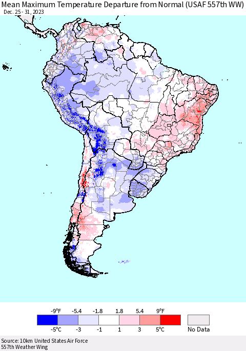 South America Mean Maximum Temperature Departure from Normal (USAF 557th WW) Thematic Map For 12/25/2023 - 12/31/2023