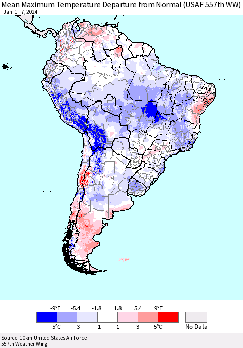South America Mean Maximum Temperature Departure from Normal (USAF 557th WW) Thematic Map For 1/1/2024 - 1/7/2024